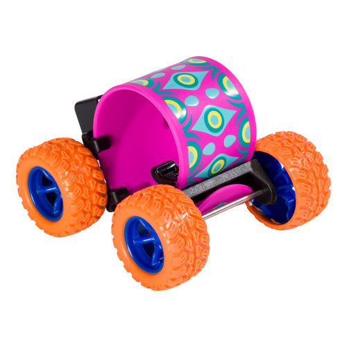 The Toysmith Wrap N' Roll Bracelet by Toysmith is a pink toy car with orange textured wheels, blue hubs, and a cylindrical center that doubles as a vibrant fidget accessory with geometric patterns.
