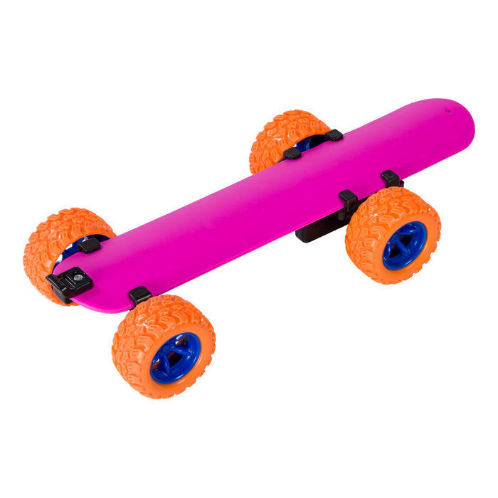 A pink skateboard with large textured orange wheels and blue hubs is shown on a white background next to the Toysmith Wrap N' Roll Bracelet, a playful slap bracelet fidget accessory by Toysmith.