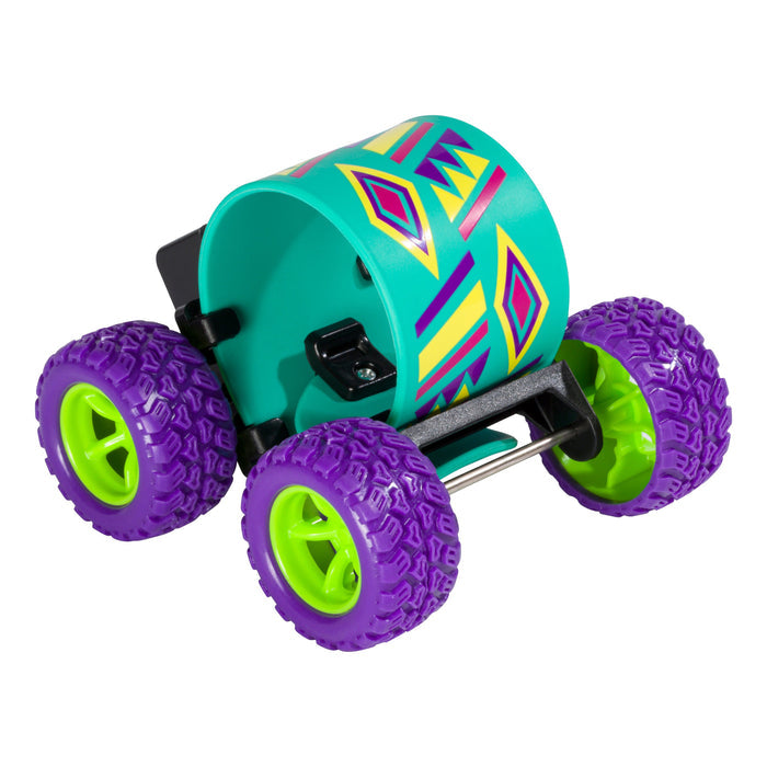 The Toysmith Wrap N' Roll Bracelet by Toysmith is a small toy car with large purple tires, neon green wheel rims, and a turquoise geometric-patterned body—featuring a playful fidget bracelet accessory.