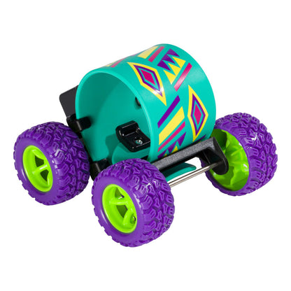 The Toysmith Wrap N' Roll Bracelet by Toysmith is a small toy car with large purple tires, neon green wheel rims, and a turquoise geometric-patterned body—featuring a playful fidget bracelet accessory.