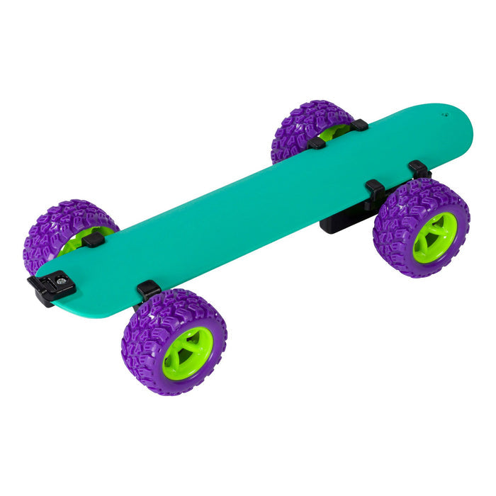 The Toysmith Wrap N' Roll Bracelet by Toysmith boasts a playful teal design with large, textured purple accents and yellow-green highlights—an eye-catching accessory reminiscent of a fidget toy or slap bracelet for your wrist.