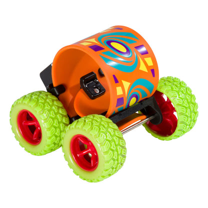 The Toysmith Wrap N’ Roll Bracelet by Toysmith features a bright orange cylindrical body with geometric patterns, neon green tires with red rims, and black axles—its playful design is reminiscent of a colorful toy car or fidget accessory.