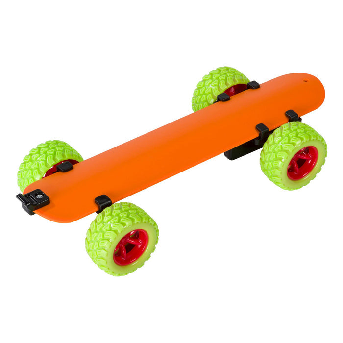 An orange, elongated skateboard with four large bright green wheels and red hubs. Its chunky treads add an all-terrain vibe, while the sleek deck is as smooth as a Toysmith Wrap N' Roll Bracelet—no grip tape or designs.