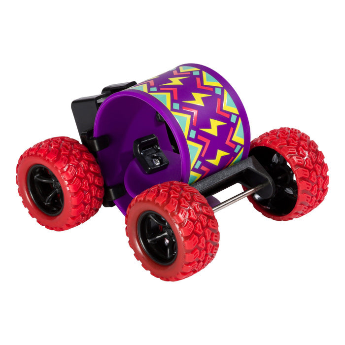 The Toysmith Wrap N' Roll Bracelet by Toysmith features a toy car with large red textured wheels, black rims, a purple body, and a colorful geometric pattern on its cylindrical center for a simple, playful look.
