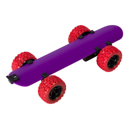 A purple skateboard with four large, knobby red wheels featuring black rims sits angled against a white background, echoing the playful Toysmith Wrap N' Roll Bracelet.