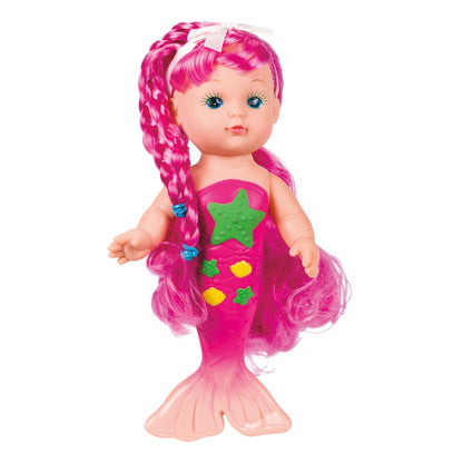The Tub Time Bathtime Mermaid Doll features long pink hair, blue eyes, a white bow, and a pink tail with green and yellow shapes. This waterproof Tub Time doll stands upright—perfect as a fun bath toy.