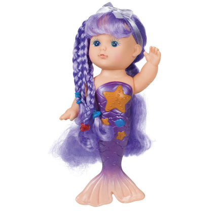The Tub Time Bathtime Mermaid Doll by Tub Time features long, wavy purple hair in braids, a purple mermaid tail, silver bow headband, starfish and seashell designs, blue eyes, and is waterproof—a perfect bath toy!.