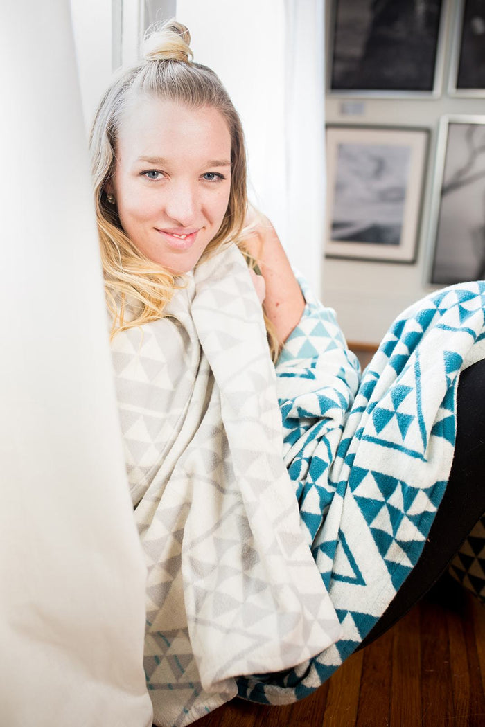 Turquoise & White Diamond Patterned Organic cotton Throw Blanket- Supports Domestic Violence Shelters