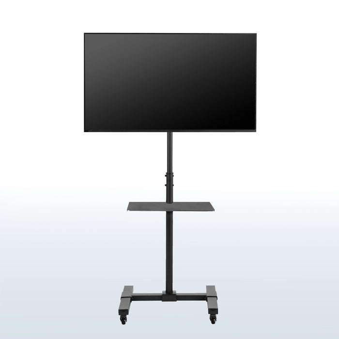 Sturdy mobile height adjustable TV cart with utility shelf and wheels.