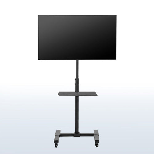 Sturdy mobile height adjustable TV cart with utility shelf and wheels.