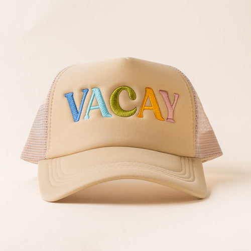 The Vacay Trucker Hat by the-darling-effect features mesh sides and “VACAY” embroidered in colorful letters on beige—ideal for anyone who loves stylish embroidered hats.