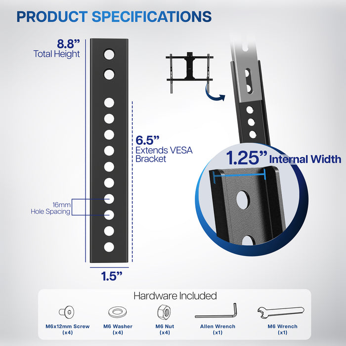 Vertical overhead VESA plate extender brackets.