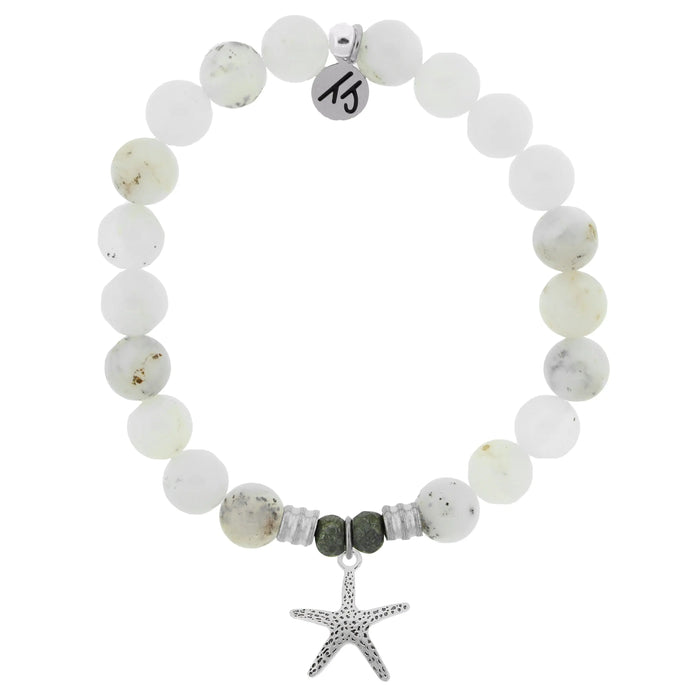White Chalcedony Stone Bracelet with Starfish Sterling Silver Charm