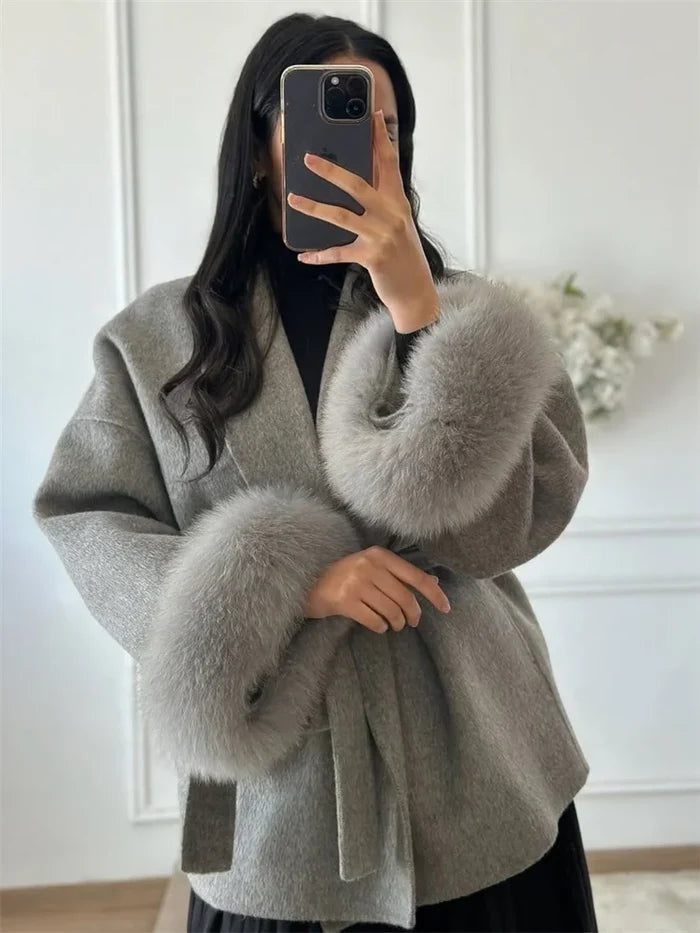 Women’s Fox Fur Wool Overcoat | Elegant Short Coat for Office & Winter