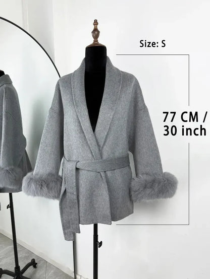 Women’s Fox Fur Wool Overcoat | Elegant Short Coat for Office & Winter