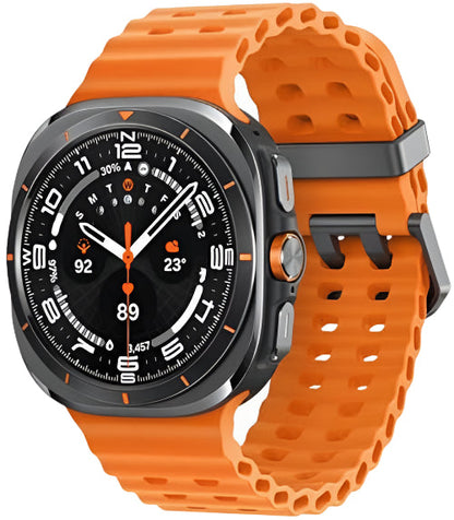 A digital smart watch with an orange band and black case, featuring a display showing time and fitness metrics.