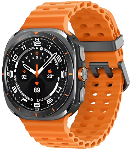 A digital smart watch with an orange band and black case, featuring a display showing time and fitness metrics.