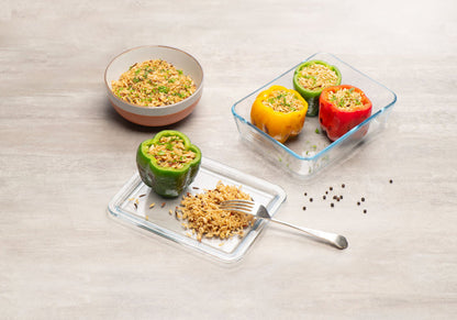 Zero Plastic - Set of 3 Glass Storage Boxes with Rectangular Glass Lid 0.8L + 1.5L + 2.6L