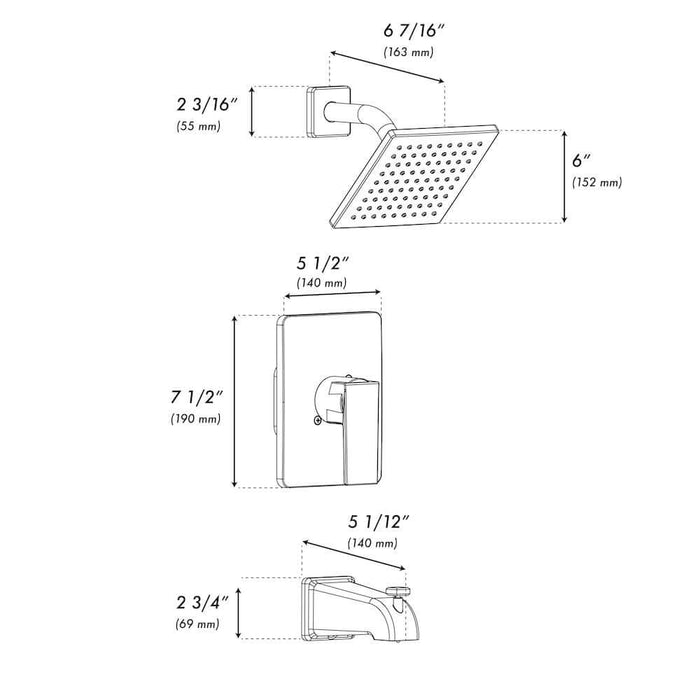 ZLINE Palisades Modern Shower System in Champagne Bronze (RBCN2-SHS-CB) dimensional diagram.