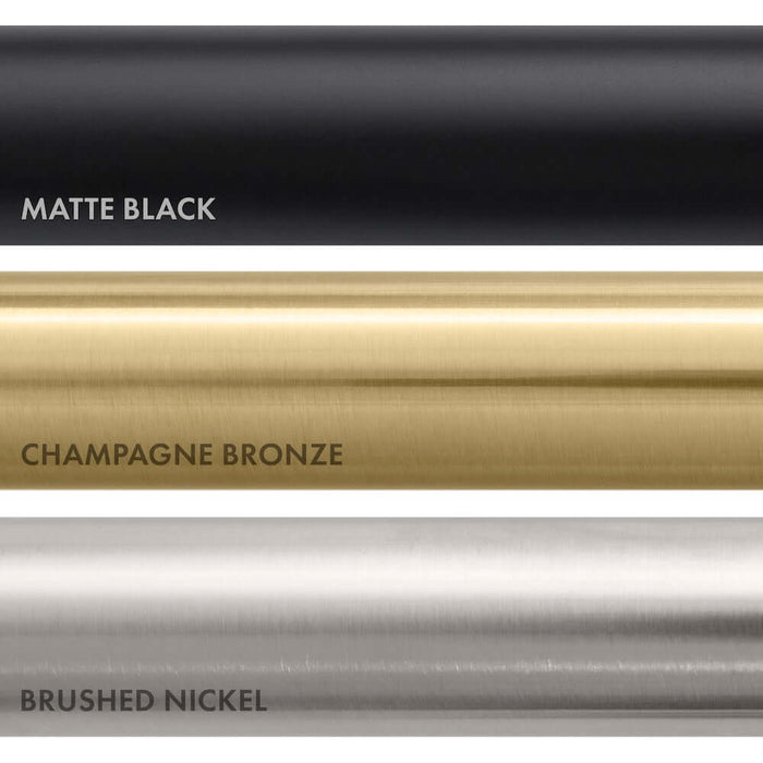 ZLINE Palisades Plumbing Finish Comparison. Top: Matte Black. Center: Champagne Bronze. Bottom: Brushed Nickel.